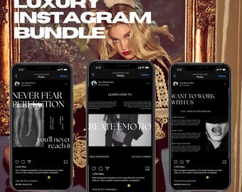 May include: A digital mockup of three smartphones displaying Instagram templates. The text "LUXURY INSTAGRAM BUNDLE" is at the top. The phone screens feature text like "NEVER FEAR PERFECTION" and "CREATE EMOTION". The background includes a painting.