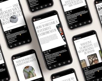 May include: A collection of smartphones displaying Instagram posts with white text on a black background. The posts cover topics like branding, entrepreneurship, and design, with images and captions. The overall theme is business and social media.