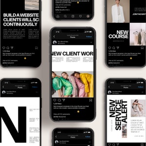 May include: Multiple smartphones displaying Instagram posts with text like "Build a Website Clients Will Sc Continuously" and "New Client Work." The posts feature images of models and product announcements.