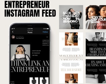 May include: A smartphone displays an Instagram feed with the text "ENTREPRENEUR INSTAGRAM FEED." The feed includes posts about branding, with text like "THINK LINK AN ENTREPRENEUF" and "TELL YOUR STORY." The overall theme is business and social media.