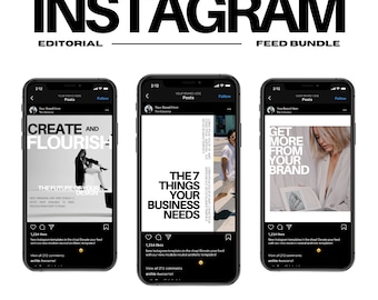 May include: An Instagram feed bundle mockup featuring three smartphones displaying different templates. The text includes "Instagram Editorial Feed Bundle", "Create and Flourish", "The 7 Things Your Business Needs", and "Get More From Your Brand".