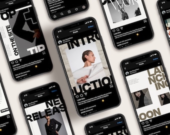 May include: Multiple smartphones displaying Instagram posts with a modern aesthetic. The posts feature text overlays like "TOP ON THE SITE" and "NEW RELEASE", along with images of fashion and lifestyle content. The overall theme is social media marketing.