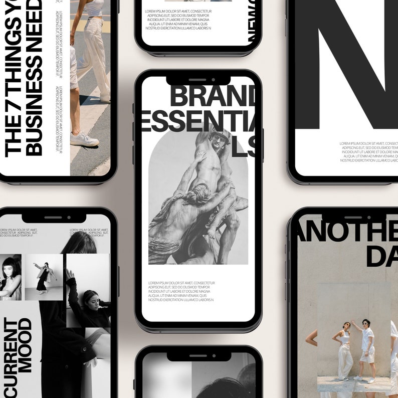 May include: A collection of smartphones displaying various website designs. The screens feature text like "THE 7 THINGS YOUR BUSINESS NEED" and "BRAND ESSENTIALS", along with images of people and a statue. The phones are arranged on a light background.
