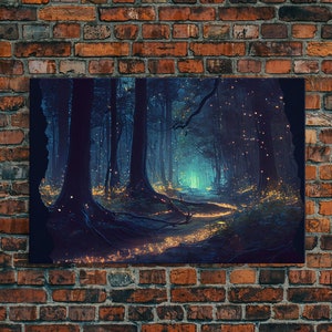 The magical enchanted forest is lit brightly with fireflies at night, framed canvas print, fantasy art