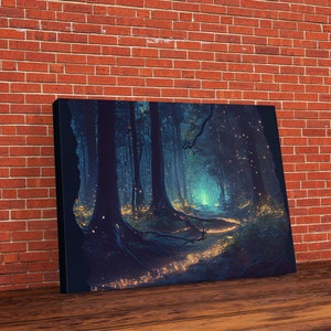 Fireflies light up a mystical fantasy forest at night, framed canvas art, framed print