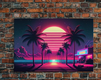 The Neon Boardwalk, Florida Synthwave Sunset, framed canvas print, retro style Miami vibes art