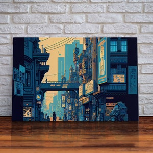 8 bit pixel art cyber punk city, video game concept art, framed canvas print, game room art