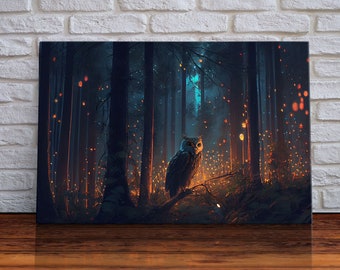 Fantasy forest art, Fireflies and the owl at midnight, framed canvas art, framed canvas print