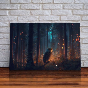 Fantasy forest art, Fireflies and the owl at midnight, framed canvas art, framed canvas print