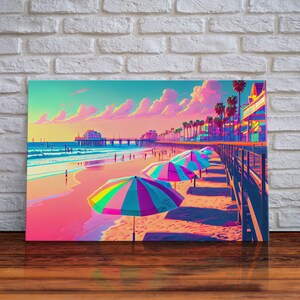 Neon Pastel wall art, vaporwave aesthetic boardwalk, neon beach, framed canvas print