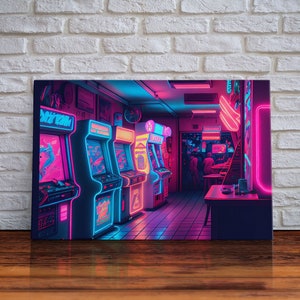 Neon Arcade, unique game room art, Retrowave arcade machine art, framed canvas print, framed wall art | Wall Art