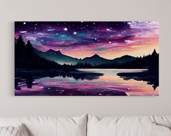 Beautiful lake at night canvas print, purple and pink sunset night sky, wall art canvas, lake front view, guest room wall art