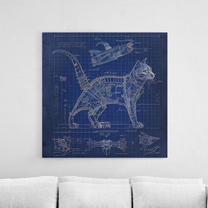 Da Vinci style blueprint Diagram of a steampunk mechanical cat, framed canvas print, wall art decor