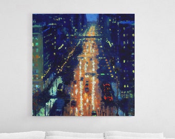 Rainy night over NYC streets, seen through a window, water color, framed canvas print, framed wall art, wall decor