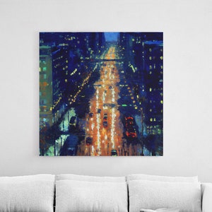 Rainy night over NYC streets, seen through a window, water color, framed canvas print, framed wall art, wall decor