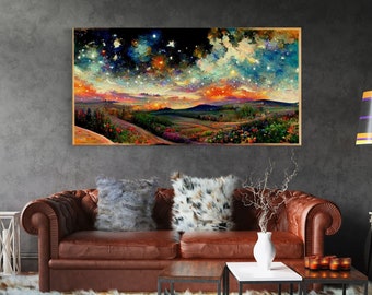 Night Starry Sky Landscape On Canvas Print Colorful Night Sky Painting Nature Painting Living Room Wall Art Spiritual Starry Painting