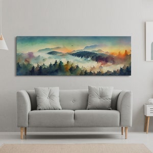 Dramatic Watercolor Sunset Landscape, Ready To Hang Canvas Print, Panoramic, Emerald Green Landscape Wall Decor, Watercolour Painting