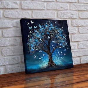 Glowing blue butterflies in a fantasy tree, framed canvas print, wall decor, cool wall art