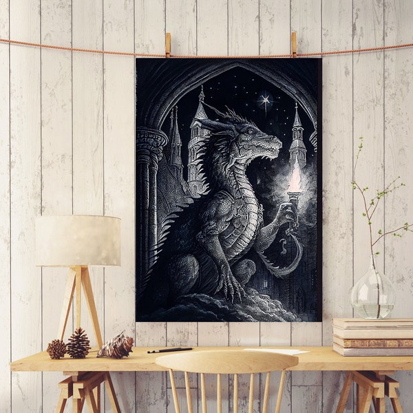 Dragon holding a torch, poster art, black and white dragon