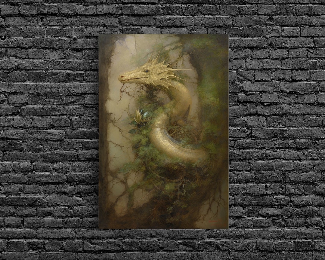 Majestic Green Dragon Wall Art, Framed Canvas Print, Dragon Fantasy