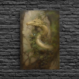 Majestic Green Dragon Wall Art, Framed Canvas Print, Dragon Fantasy Painting, Garden Dragon Abstract Fantasy Art