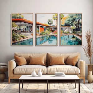 Mid-century House Art, Architecture Print, Canvas Print, Wall Art, 3 Piece Wall Art, Real Estate Gift, Unique Wall Decor, Office Wall Art