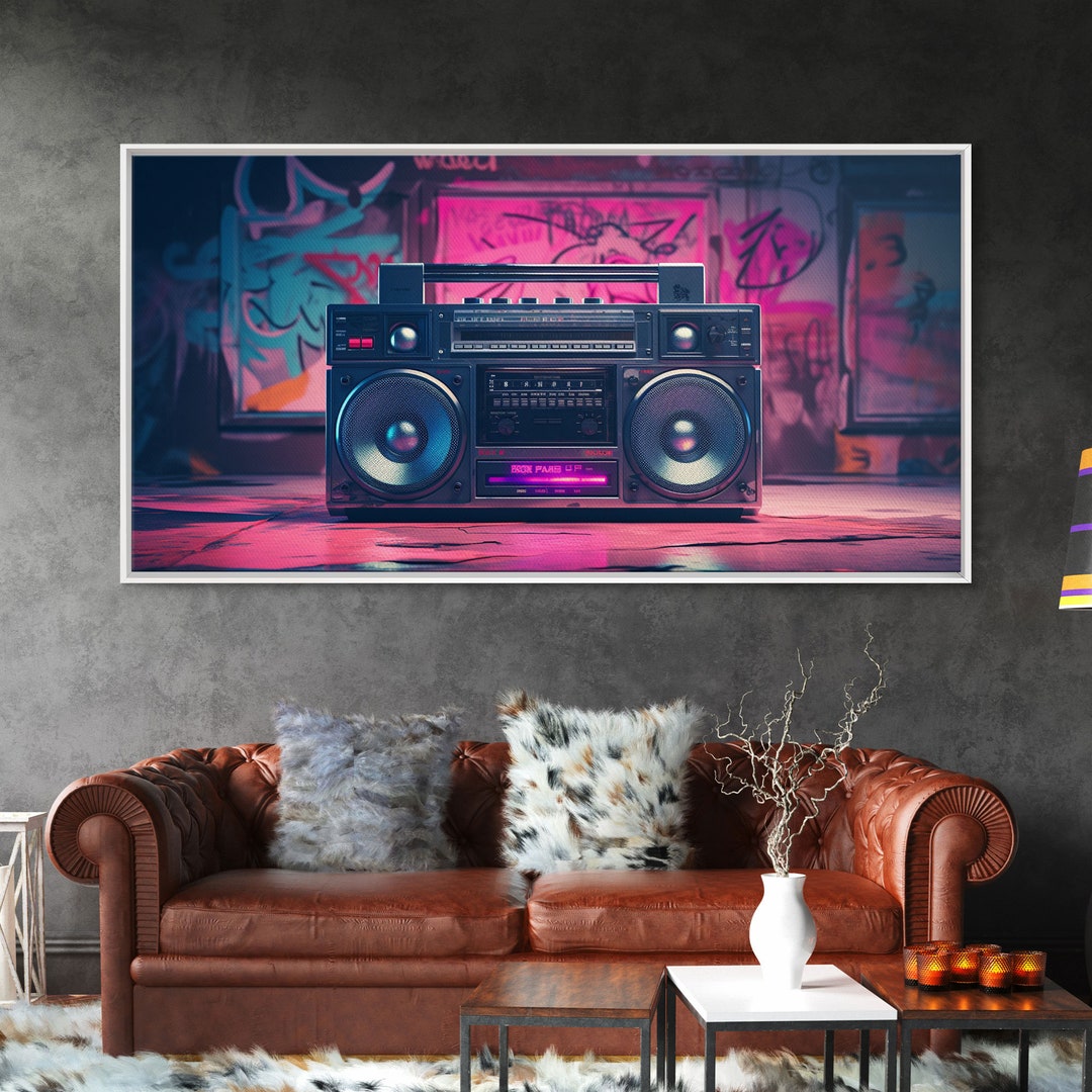 Vaporwave Boombox Wall Art, Framed Canvas Print, 1980s Inspired Home