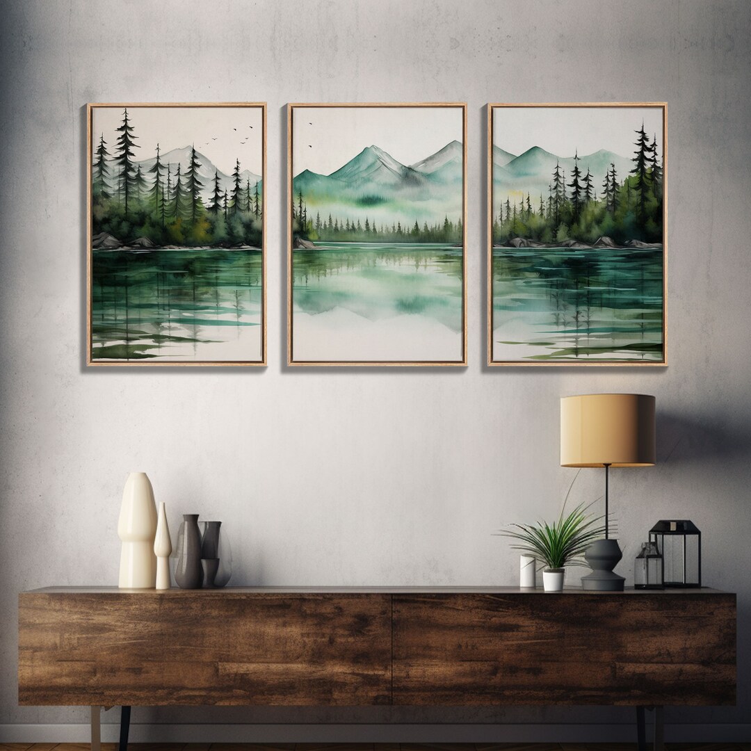 3 Panel Framed Canvas Print Wall Art Set of 3 Emerald Green Mountain ...