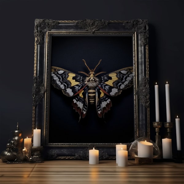 Framed Death Head Moth Canvas Print, Acherontia, Taxidermy Art, Dried Butterfly Print, Bug Wall Art Hanging Decor, Goth Art, Halloween Art