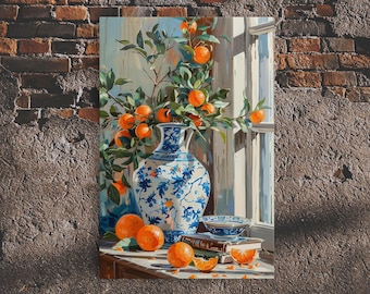 Mediterranean Still Life Italian Style Art, Framed Canvas Print, Muted and Calming Rustic Decor, Farmhouse Art, The Vase and the Oranges