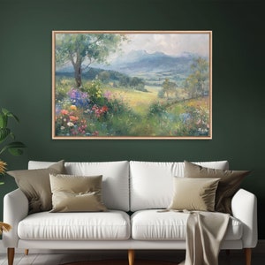 Spring Wildflower Field Landscape Painting Large Wall Art Print, Framed Canvas Nature Wall Decor, Rustic Country Landscape Living Room Art