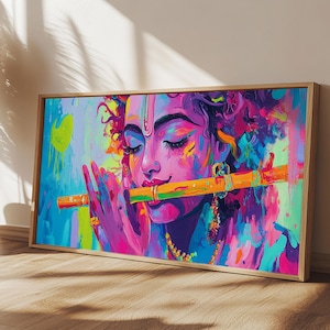 Radha Krishna Painting Print, Hindu Wall Art, Framed Canvas Print, Hinduism Wall Art, Krishna Wall Art, Krishna Playing A Flute afbeelding 1