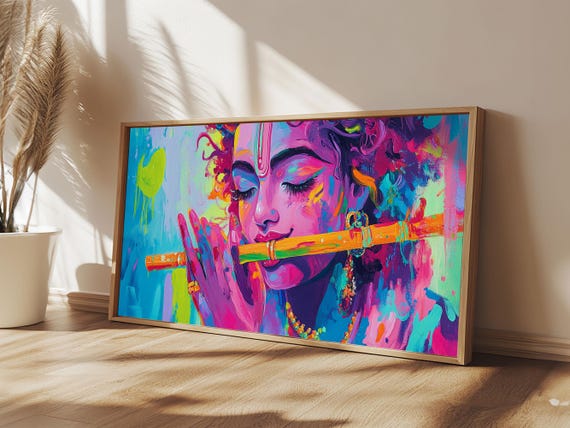 Radha Krishna Painting Print, Hindu Wall Art, Framed Canvas Print, Hinduism Wall Art, Krishna Wall Art, Krishna Playing A Flute