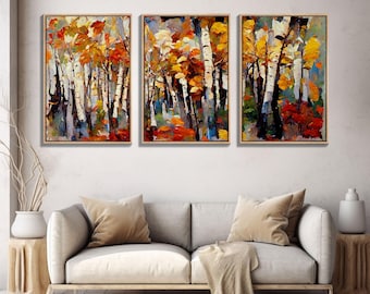 Birch Forest Watercolor, Birch Trees, 3 Piece Wall Art, Ready To Hang Canvas Print, Beautiful Living Room Wall Art