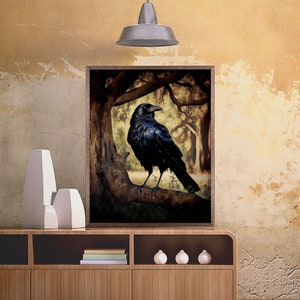 The raven, cool crow art, raven in a forest portrait, fine art poster print