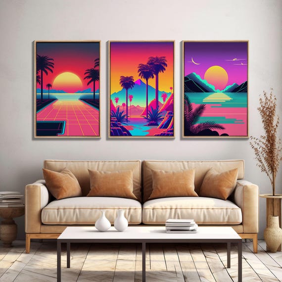 Retro 80s Style Art, 3 Panel Framed Canvas Prints, Canvas Wall Art