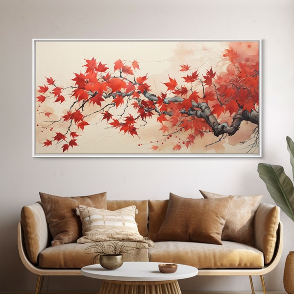 The Japanese Maple Tree In Fall, Framed Canvas Print, Retro Wall Art, Fall Decor, Fall Painting, Autumn Painting