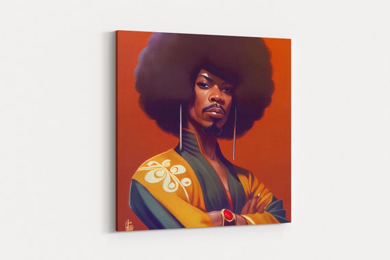 Vintage Style Art, Retro 70s Afro Samurai, Framed Canvas Print