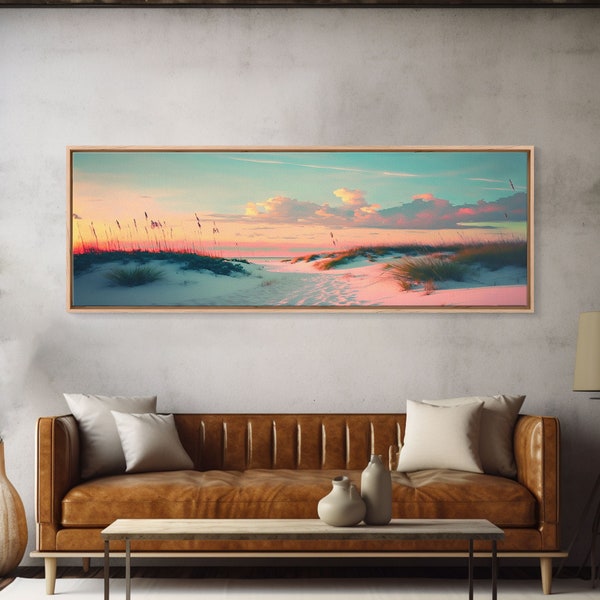 Panoramic Beach Sunset Canvas Print for Living Room, Framed Watercolor Landscape Painting, Framed Wall Art, Office Space Decor, Living Room