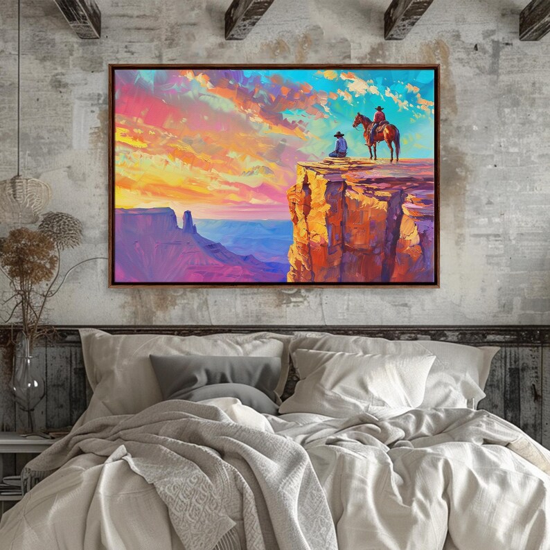 Wild West Art Print, Vintage / Retro Cowboy Wall Art, Framed Canvas or Metal Art, Midcentury Modern Watercolor Painting, Cowboy at Sunset image 17