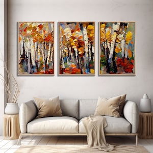 Birch Forest Watercolor, Birch Trees, 3 Piece Wall Art, Ready To Hang Canvas Print, Beautiful Living Room Wall Art Decor