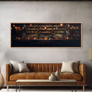 May include: A long, narrow bar with a dark wood countertop and shelves stocked with bottles of liquor. The bar is lit by warm, yellow lights and there are several people sitting at the bar.