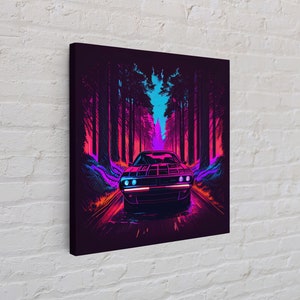 Synthwave Modern Muscle Car Art, Framed Canvas Print, Unique Outrun Style Wall Art, Retro Vibes, Muscle Car In a Forest Road image 5