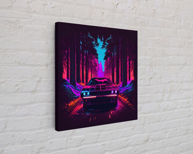 Synthwave Modern Muscle Car Art, Framed Canvas Print, Unique Outrun Style Wall Art, Retro Vibes, Muscle Car In a Forest Road image 5