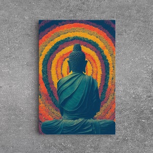 Colorful rainbow Buddha facing a ring of flowers, framed canvas print, yoga studio art