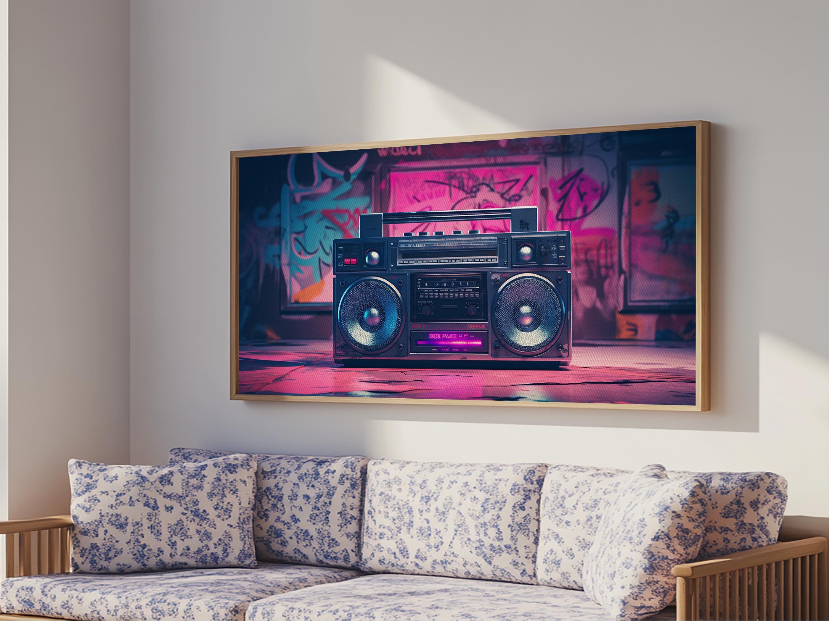 Vaporwave Boombox Wall Art, Framed Canvas Print, 1980s Inspired