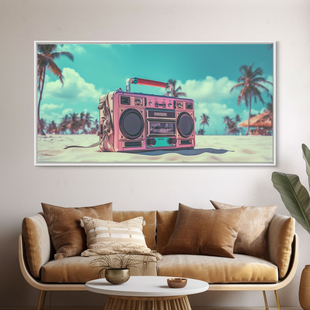 Vaporwave Boombox on the Beach Wall Art, Framed Canvas Print, 1980s