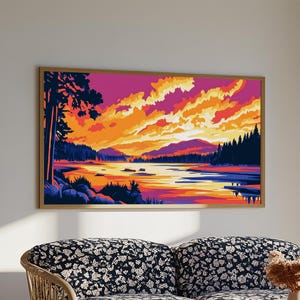 Autumn River, Forest Sunset, Nature Landscape, Vibrant Fall Decor, Wilderness Home Aesthetic, Framed Canvas Print
