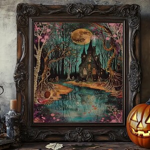 Haunted Castle by the Lake Framed Canvas Print, Halloween Wall Art, Spooky Art, Home Decor, Living Room Decor, Gothic Artwork, Creepy Castle image 14