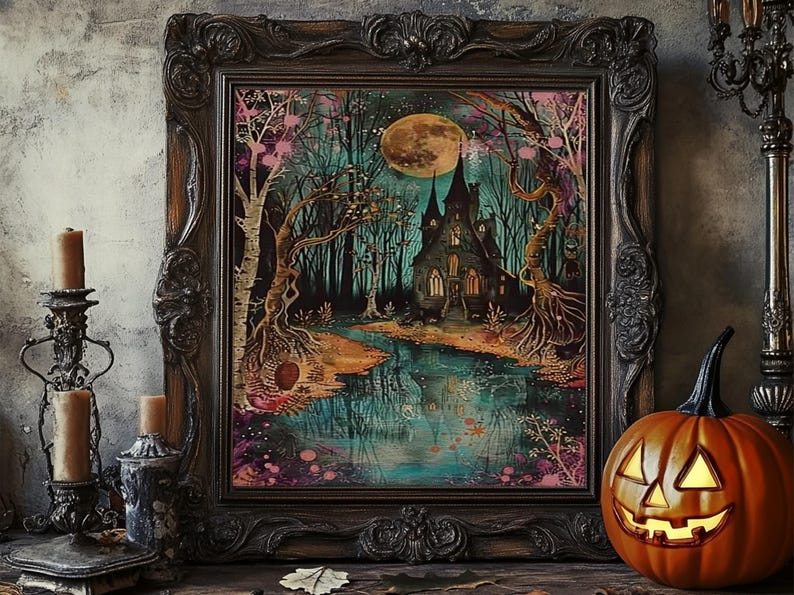 Haunted Castle by the Lake Framed Canvas Print, Halloween Wall Art, Spooky Art, Home Decor, Living Room Decor, Gothic Artwork, Creepy Castle image 14